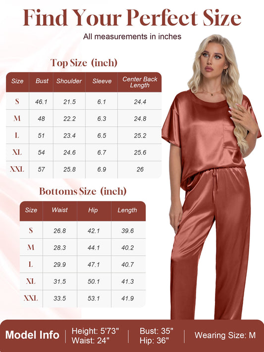 Womens Silk Satin Pajama Set Short Sleeve Shirt with Long Pajamas Pant Set Two-Piece Pj Sets Soft Sleepwear Loungewear Nightwear Pjs S-XXL, Caramel, XXL